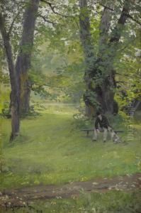 Parklandskap Med Sittande Herre Och Hund by Gerda Roosval-Kallstenius