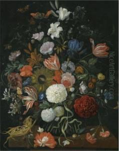Still Life Of Flowers In A Vase On A Stone Ledge With A Corn Coband A Snail by Jacob Rootius