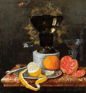 Stillleben Mit Granatapfel, Orange, Geschalter Zitrone by Jacob Rootius