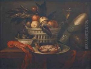 Nature Morte Au Panier De Fruits, Crustaces Et Melon Sur Une Table