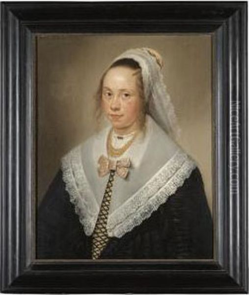 Portrait Of A Young Lady, Said To Be Elisabeth Wybo, At The Age Of 17, Half Length, Wearing A Gold Necklace And A White Headdress - view 1