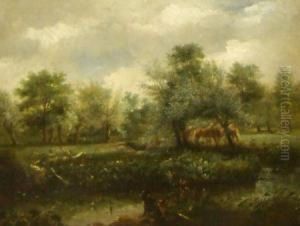 River Scene With Horses Grazing And Dogs Sitting By Riverbank by George Thomas Rope