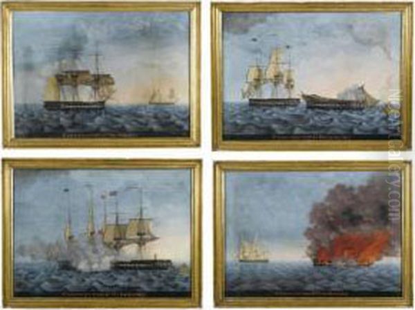 A Set Of Four Paintings: The Constitution And Guerriere Sighting Each Other; The Constitution And Guerriere Firing On Each Other; The Constitution And Guerriere Dismasted; The Constitution And Guerriere Burning - view 1
