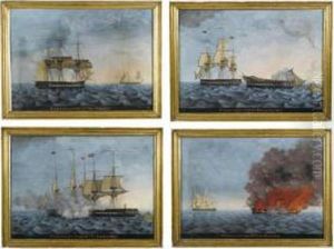 A Set Of Four Paintings: The Constitution And Guerriere Sighting Each Other; The Constitution And Guerriere Firing On Each Other; The Constitution And Guerriere Dismasted; The Constitution And Guerriere Burning by George Ropes