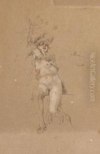 Femme Nue Assise Tenant Des Fleurs by Felicien Rops