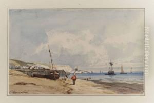 Fishermen And Vessels On A Beach In Normandy by Camille-Joseph-Etienne Roqueplan
