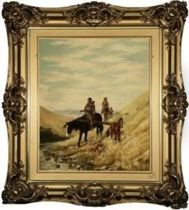 Indians On Horseback Nearing A River by Julius J. Rorphuro