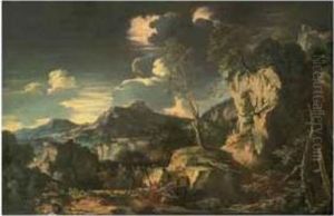 A Mountainous Rocky Landscape With The Flight Into Egypt by Augusto Rosa