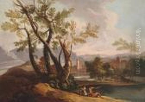 An Extensive Mountainous Classical Landscape With Figures Conversing By A Lake - view 1