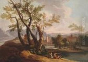 An Extensive Mountainous Classical Landscape With Figures Conversing By A Lake by Salvator Rosa