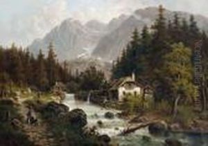 Watermill In An Alpine Landscape by Karl Julius Rose