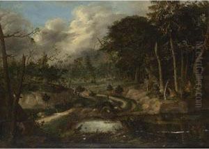 Huntsmen Chasing A Stag In A Wooded Landscape by Franz Rosel Von Rosenhof