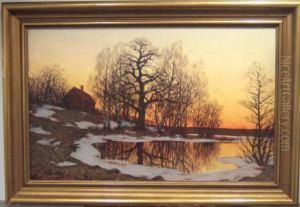 Solnedgang Over Varlandskap. by Edvard Rosenberg