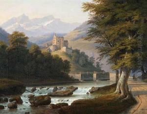Gebirgslandschaft Mit Schlossruine Uber Flusslauf
