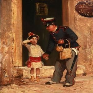 A Crying Girl Being Helped By A Roman Police Officer by Vilhelm J. Rosenstand