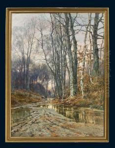Herbstwald Mit Figurenstaffage by Janis Rosenthals