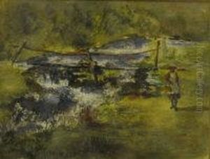 Riverside Landscape With Bridge And Girl Holding Basket