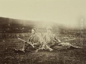 Two Hunters With Dead Stag; Stream And Waterfall by Horatio Ross
