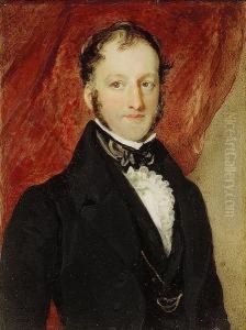 A Gentleman, Wearing Black Coat, Frilled White Chemise And Black Stock, Red Curtain Background by Hugh Ross