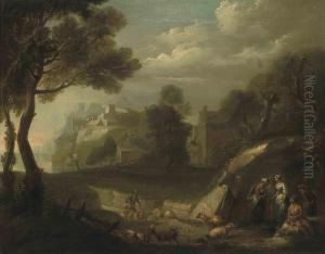 A Wooded River Landscape With Shepherds And Their Flock by James Ross