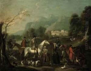 A Wooded River Landscape With A Hunting Party At Rest by James Ross