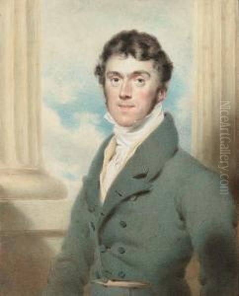 Henry Shaw-lefevre, Wearing Pale Green Suit, His Coat With Matching Buttons, Pale Yellow Waistcoat, White Shirt And Cravat, Stone Column And Sky Background - view 1