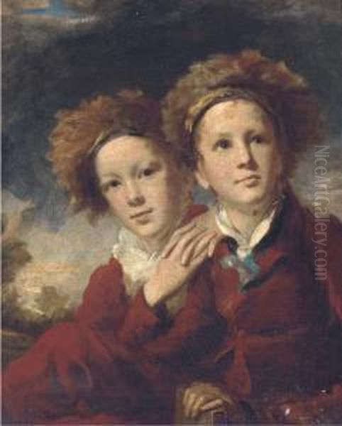 Double Portrait Of Two Boys, Seated Half-length, In Red Suits In Alandscape - view 1