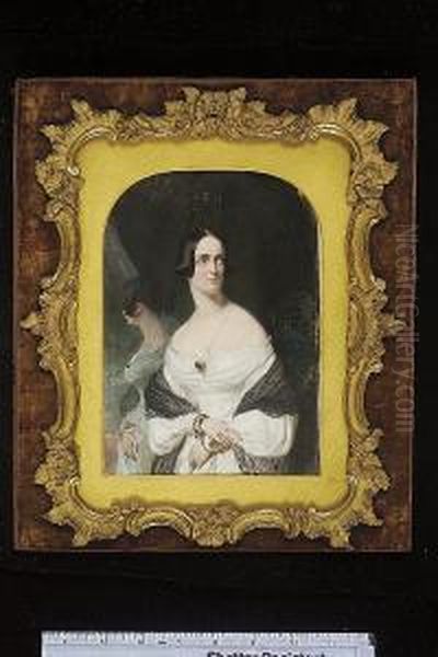 A Lady, Standing Beside A Mirror, Wearing White Patterned Dress With Lace Neckline, A Black Lace Shawl Around Her Shoulders, A Gold Brooch At Her Corsage, She Wears Multiple Gold Bracelets And Rings, Interior Background With Blue And Green Screen, Draped - view 1