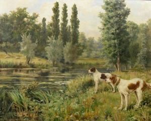 A Setter And A Pointer On A Riverbank by Percival Leonard Rosseau