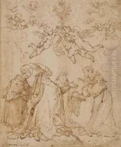 Eveque Entoure De Deux Saints Et D'un Moine by Matteo Rosselli