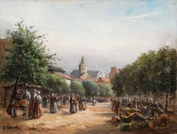 Dorfmarkt In Franzosischer Kleinstadt Mit Zahlreichen Marktfrauen Und Passanten - view 1