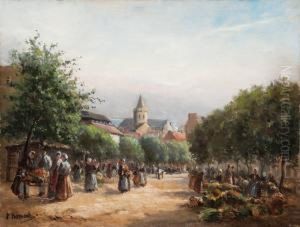 Dorfmarkt In Franzosischer Kleinstadt Mit Zahlreichen Marktfrauen Und Passanten by Paul Rossert