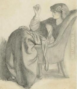 Lachesis: Study Of Jane Morris Seated In A Chair Sewing Pencil With Fixative by Dante Gabriel Rossetti