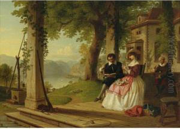 Washington Irving Reading Knickerbocker's History Of New York Tohis Wife On The Porch Of Sunnyside - view 1