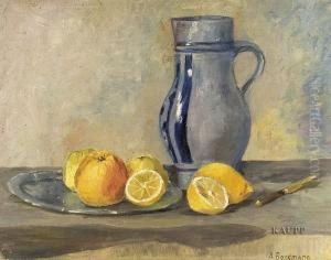 Stillleben Mit Krug, Daneben Auf Einer Flachen Platte Apfel Und Zitronen. by Augusta Rossmann