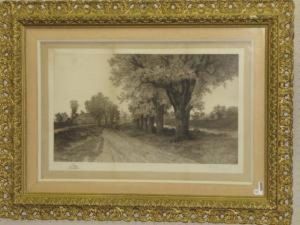 A Church In A Village Along A Tree-lined Road by Ernest C. Rost