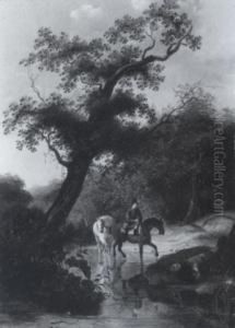 Bewaldete Landschaft Mit Reiter Und Saumpferd by Johannes Rost