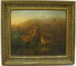 Landscapewith Fox Stalking Three Cottontails by Carl Oswald Rostosky