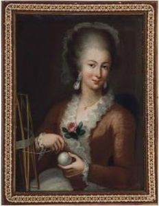 Portrait Of A Lady In A Pink Dress Winding Yarn by Pietro Antonio Rotari