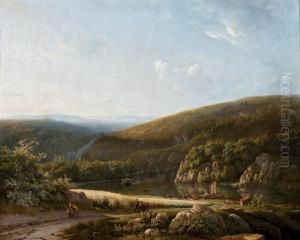 Moored Vessels In A Panoramic Riverlandscape by Georg Andries Roth