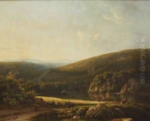 Weite Flusslandschaft Mit Mehreren Booten Und Zahlreichen Personen Am Ufer by Georg Andries Roth