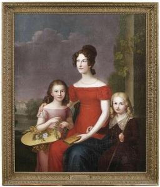 Caroline Friederike Mathilde Duchess Of Wurttemberg Nee Princess Of Waldeck-pyrmont (1801-1823, 
Since 1817 Maried With Duke Eugen Of Wurttemberg) With Her Children At A Balustrade In Front Of A Landscape. - view 1