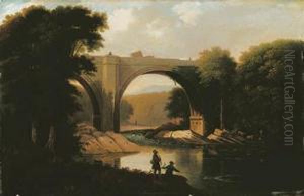 A Bridge Over A River, With Anglers In The Foreground - view 1