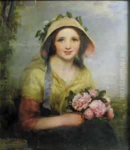 R.h.a. A Girl In A Bonnet, Holding A Bunch Of Flowers by Richard Rothwell