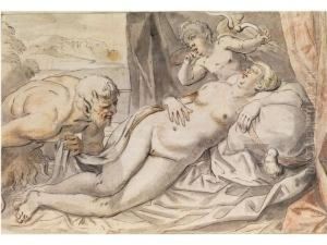 Pan Belauscht Die Schlafende Venus by Johann Rottenhammer