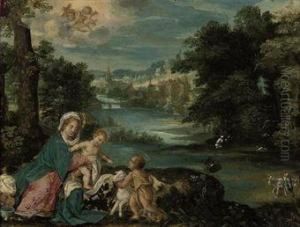 A River Wooded Landscape With The Madonna And Child With The Infantsaint John The Baptist, A Village Beyond