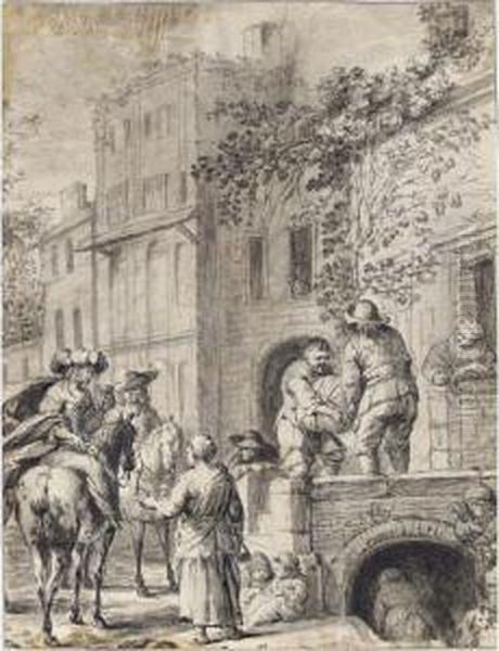 Riders And Other Figures Outside A House - view 1