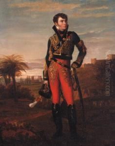 Portrait Of A French Hussar Of The Napoleonic Era, Full-length,standing In An Egyptian Landscape by Georges Rouget