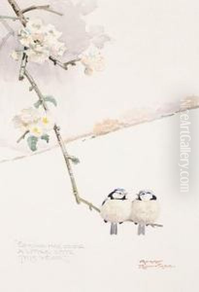 Blue Tits On A Blossom Branch - view 1