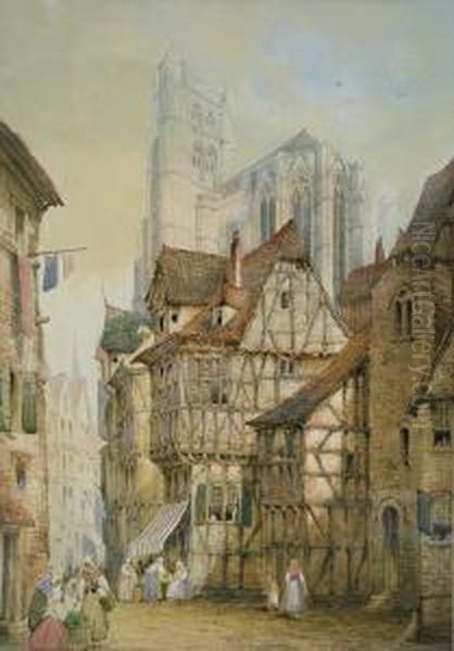 Rouen Town Scene With Figures And The Cathedral In Thedistance - view 1